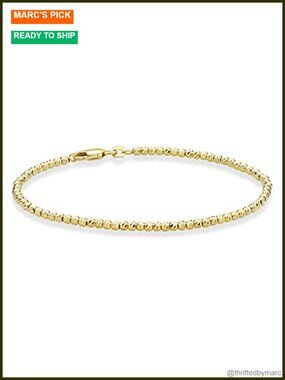 925 Sterling Silver Bead Ball Chain Bracelet 18K Yellow Gold Plated Diamond-Cut